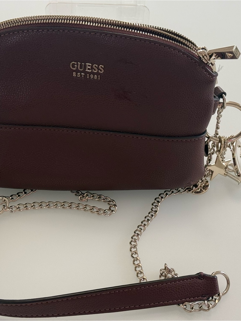 GUESS Wine-Red Crossbody Bag with Gold-Tone Chain